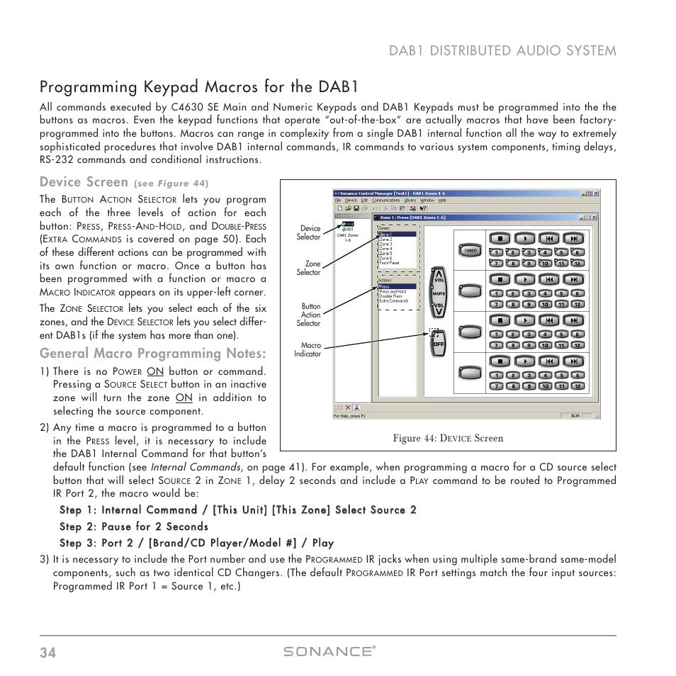 Programming keypad macros for the dab1, 34 dab1 distributed audio system, Device screen | Sonance DAB1 User Manual | Page 34 / 68