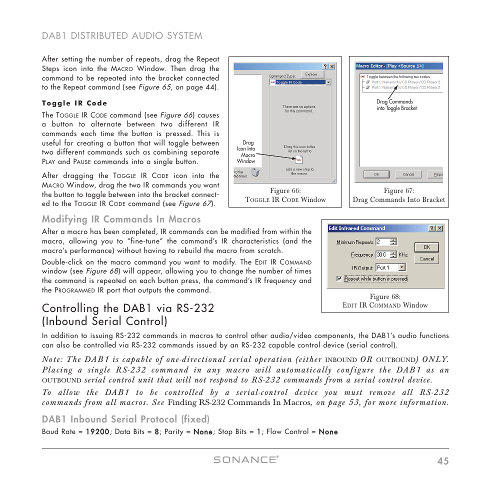 45 dab1 distributed audio system, Modifying ir commands in macros, Dab1 inbound serial protocol (fixed) | Sonance DAB1 User Manual | Page 45 / 68