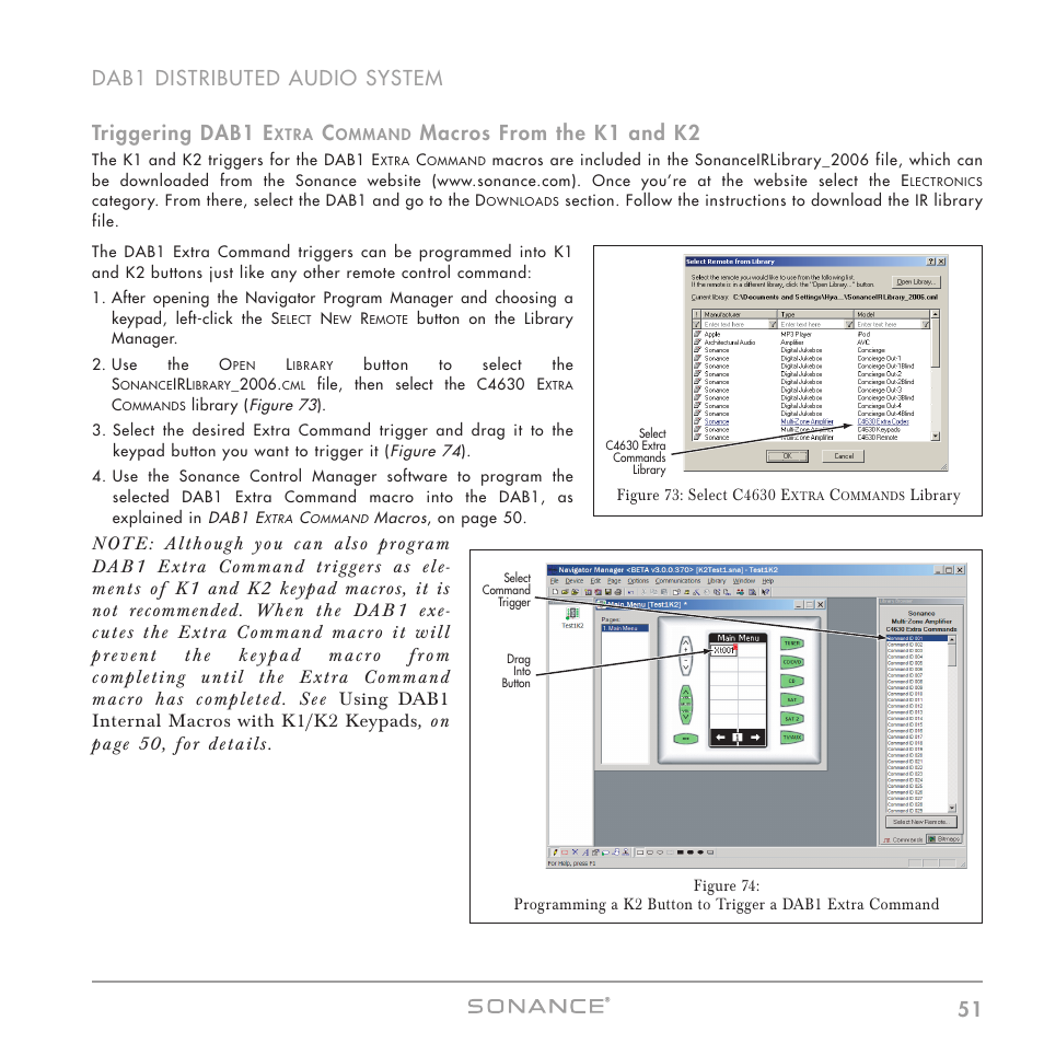51 dab1 distributed audio system triggering dab1 e, Macros from the k1 and k2 | Sonance DAB1 User Manual | Page 51 / 68