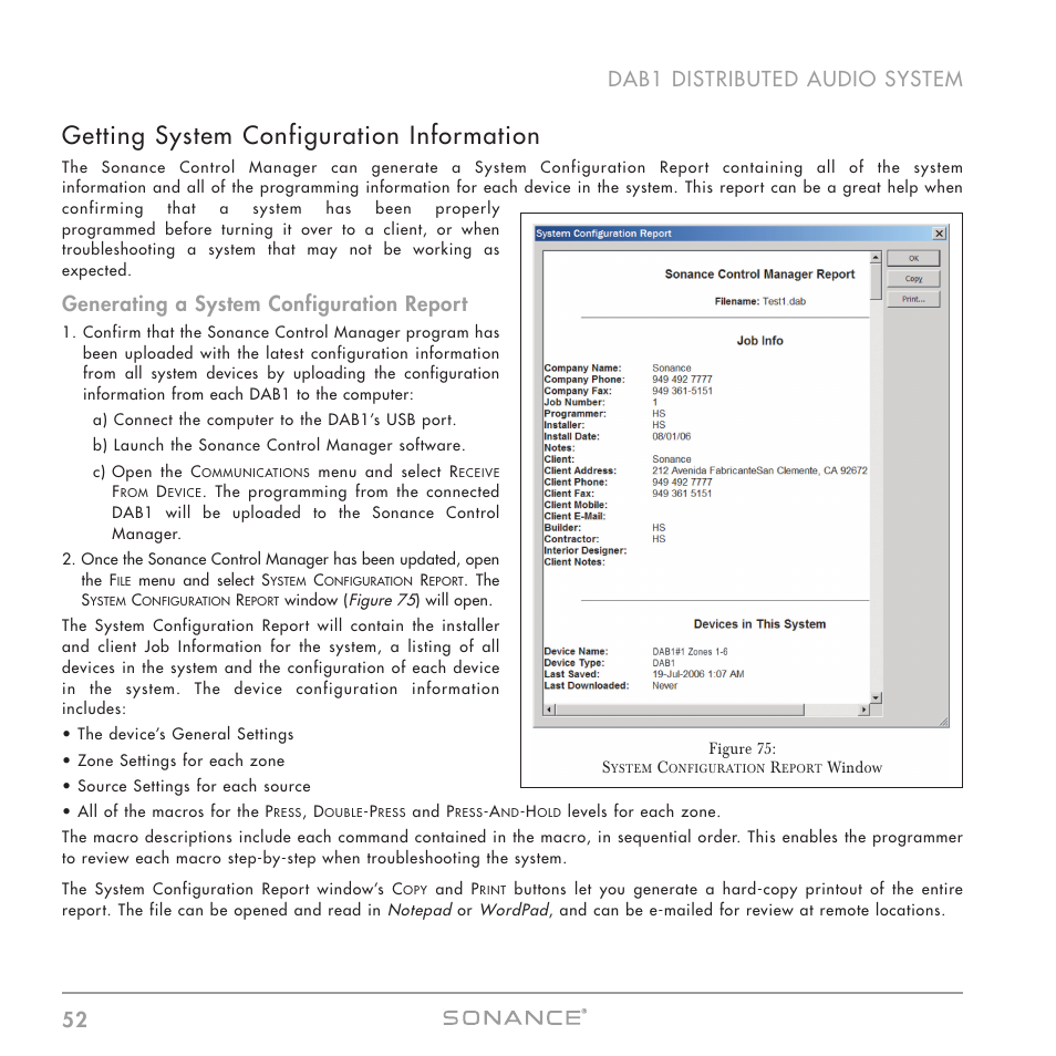 Getting system configuration information, 52 dab1 distributed audio system, Generating a system configuration report | Sonance DAB1 User Manual | Page 52 / 68