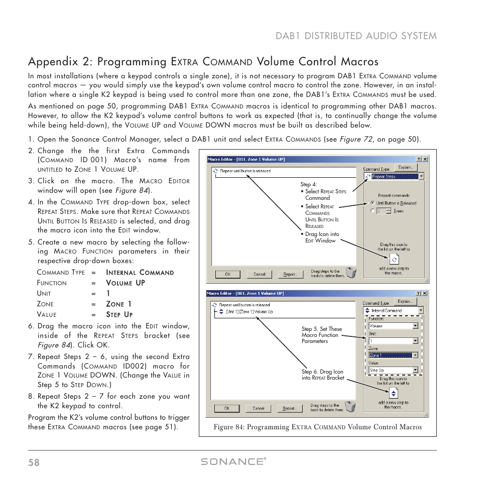 Appendix 2: programming e, Volume control macros, 58 dab1 distributed audio system | Xtra, Ommand | Sonance DAB1 User Manual | Page 58 / 68