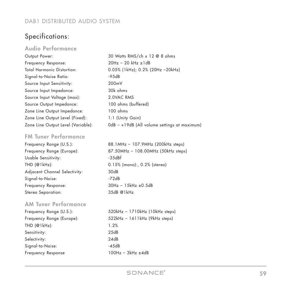 Specifications, 59 dab1 distributed audio system, Audio performance | Fm tuner performance, Am tuner performance | Sonance DAB1 User Manual | Page 59 / 68