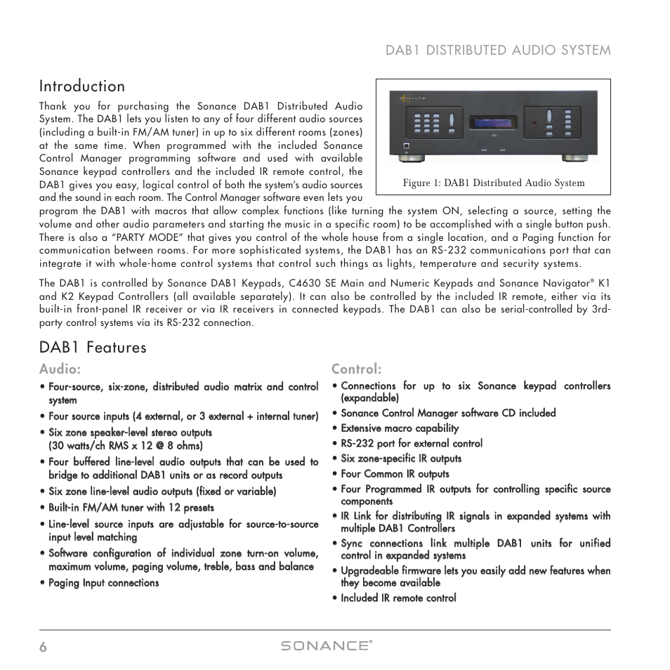 Introduction, Dab1 features, 6dab1 distributed audio system | Audio, Control | Sonance DAB1 User Manual | Page 6 / 68