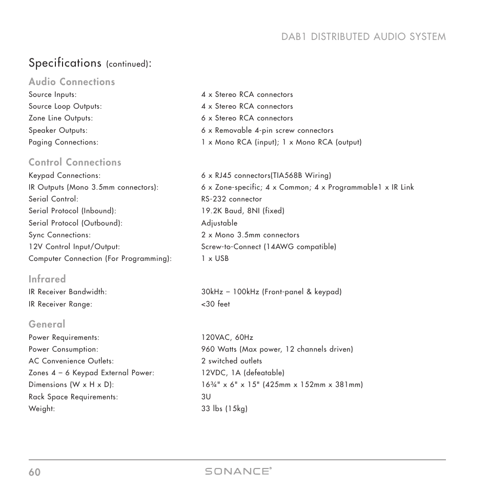 Specifications | Sonance DAB1 User Manual | Page 60 / 68
