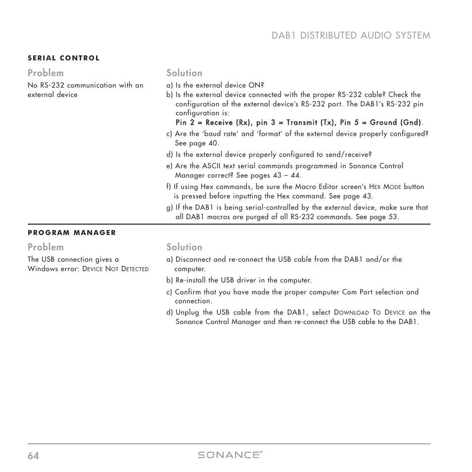 64 dab1 distributed audio system, Problem solution | Sonance DAB1 User Manual | Page 64 / 68