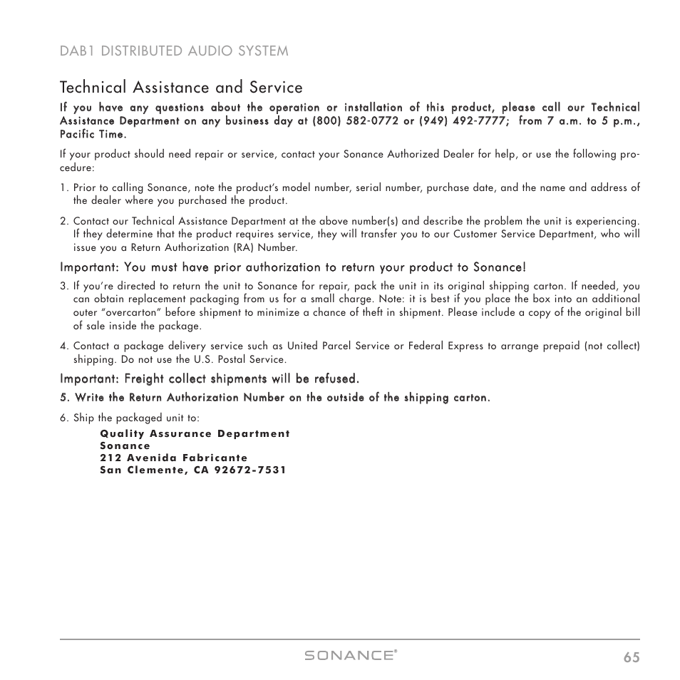 Technical assistance and service | Sonance DAB1 User Manual | Page 65 / 68