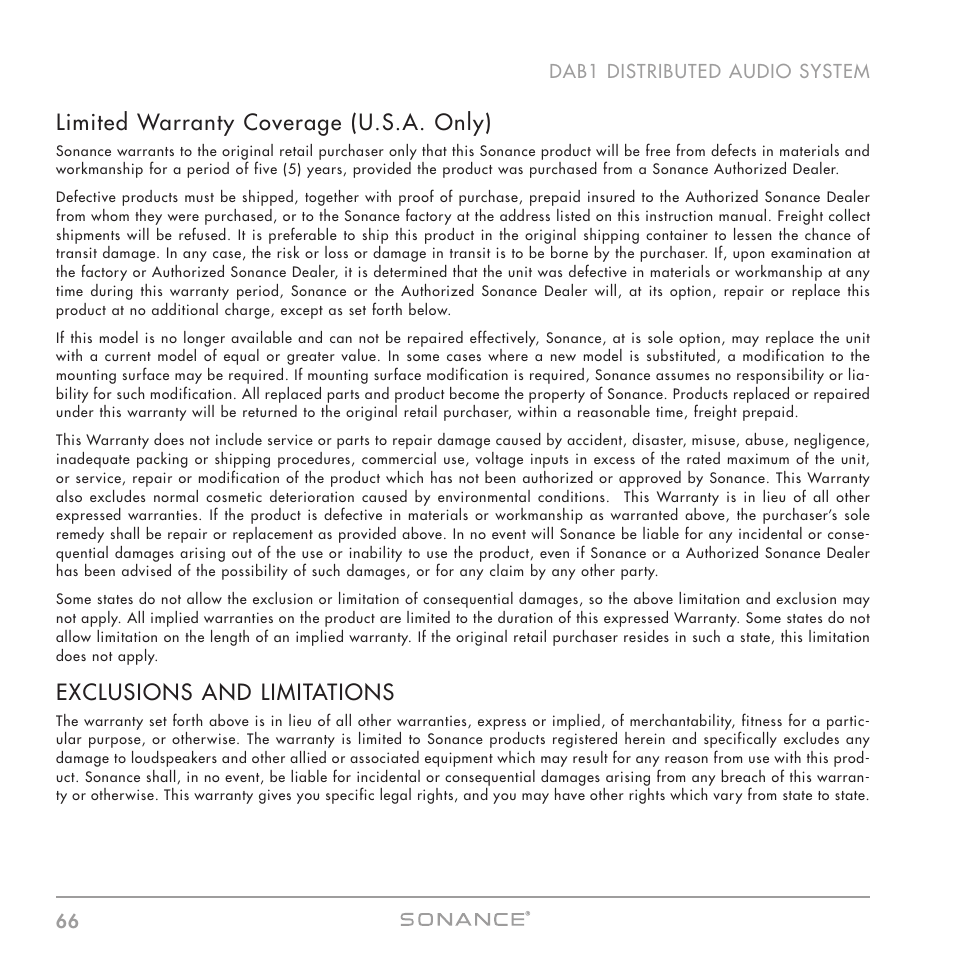 Limited warranty coverage (u.s.a. only), Exclusions and limitations | Sonance DAB1 User Manual | Page 66 / 68