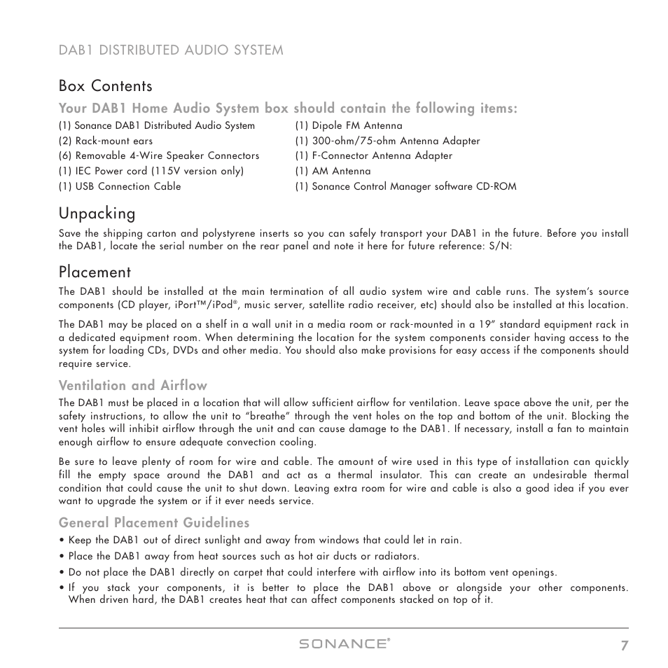 Box contents, Unpacking, Placement | Sonance DAB1 User Manual | Page 7 / 68