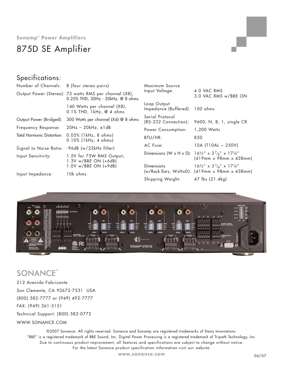 875d se amplifier, Specifications | Sonance Sonamp 875D SE User Manual | Page 2 / 2