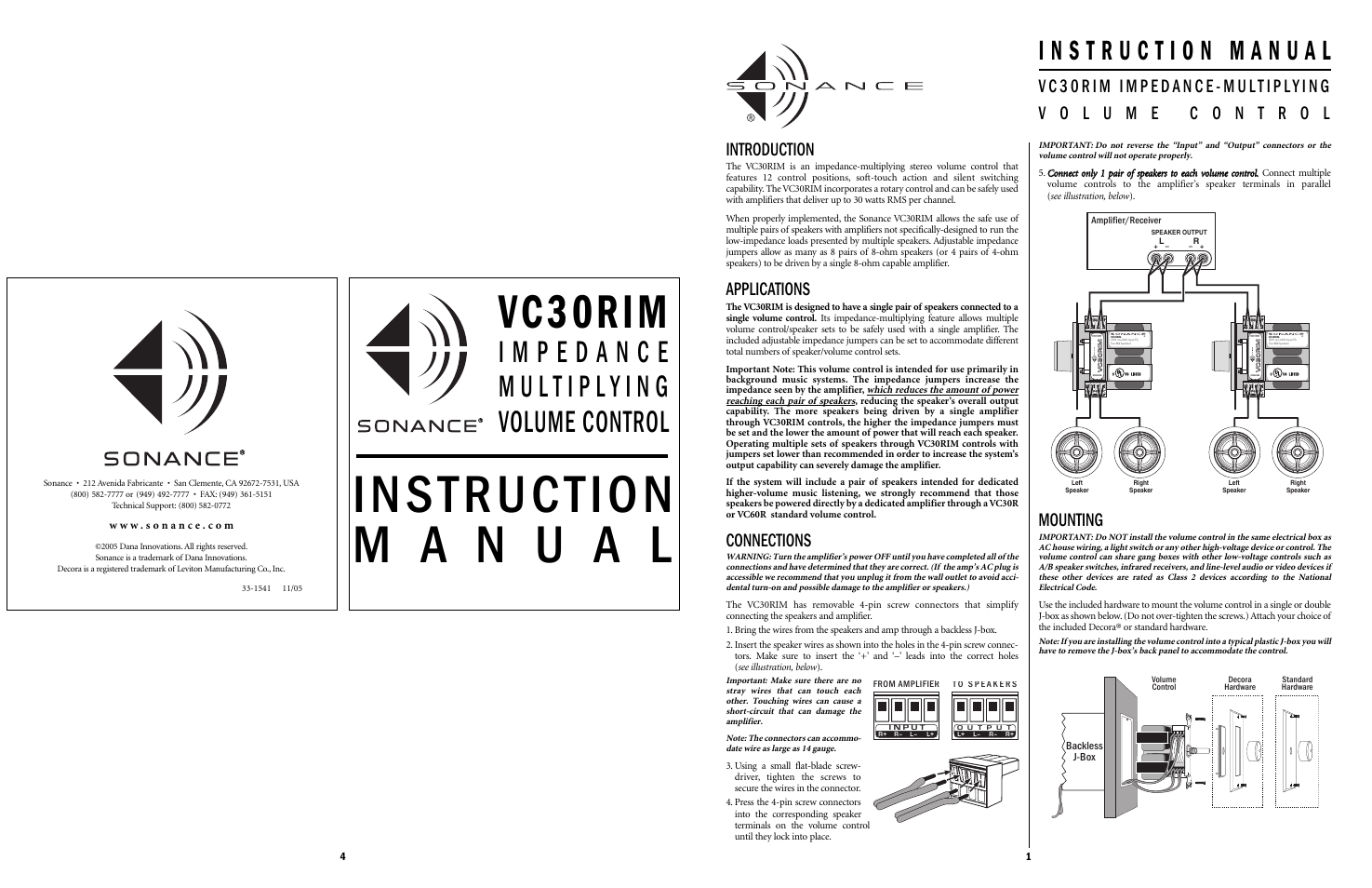 Sonance Impedance-Multiplying Volume Control VC30RIM User Manual | 2 pages