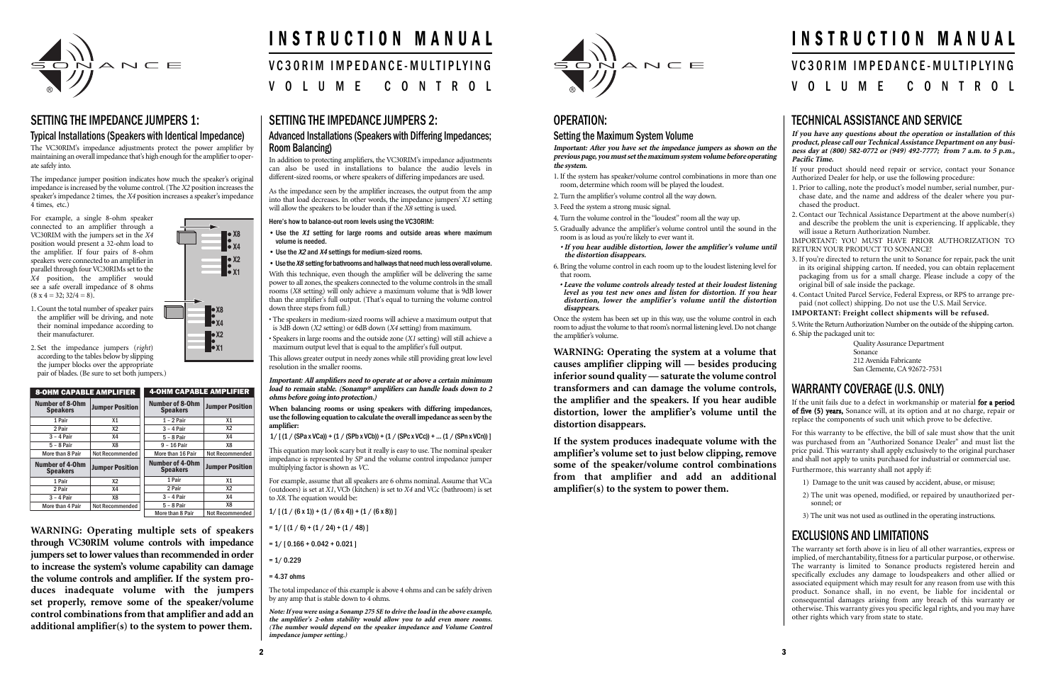 Setting the impedance jumpers 1, Setting the impedance jumpers 2, Operation | Technical assistance and service, Warranty coverage (u.s. only), Exclusions and limitations, Setting the maximum system volume | Sonance Impedance-Multiplying Volume Control VC30RIM User Manual | Page 2 / 2