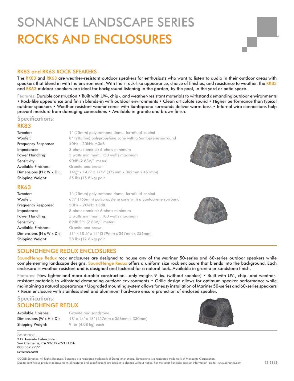 Sonance landscape series rocks and enclosures, Specifi cations: soundhenge redux, Rk63 | Rk83, Soundhenge redux enclosures, Specifi cations, Rk83 and rk63 rock speakers | Sonance RK63 User Manual | Page 2 / 2