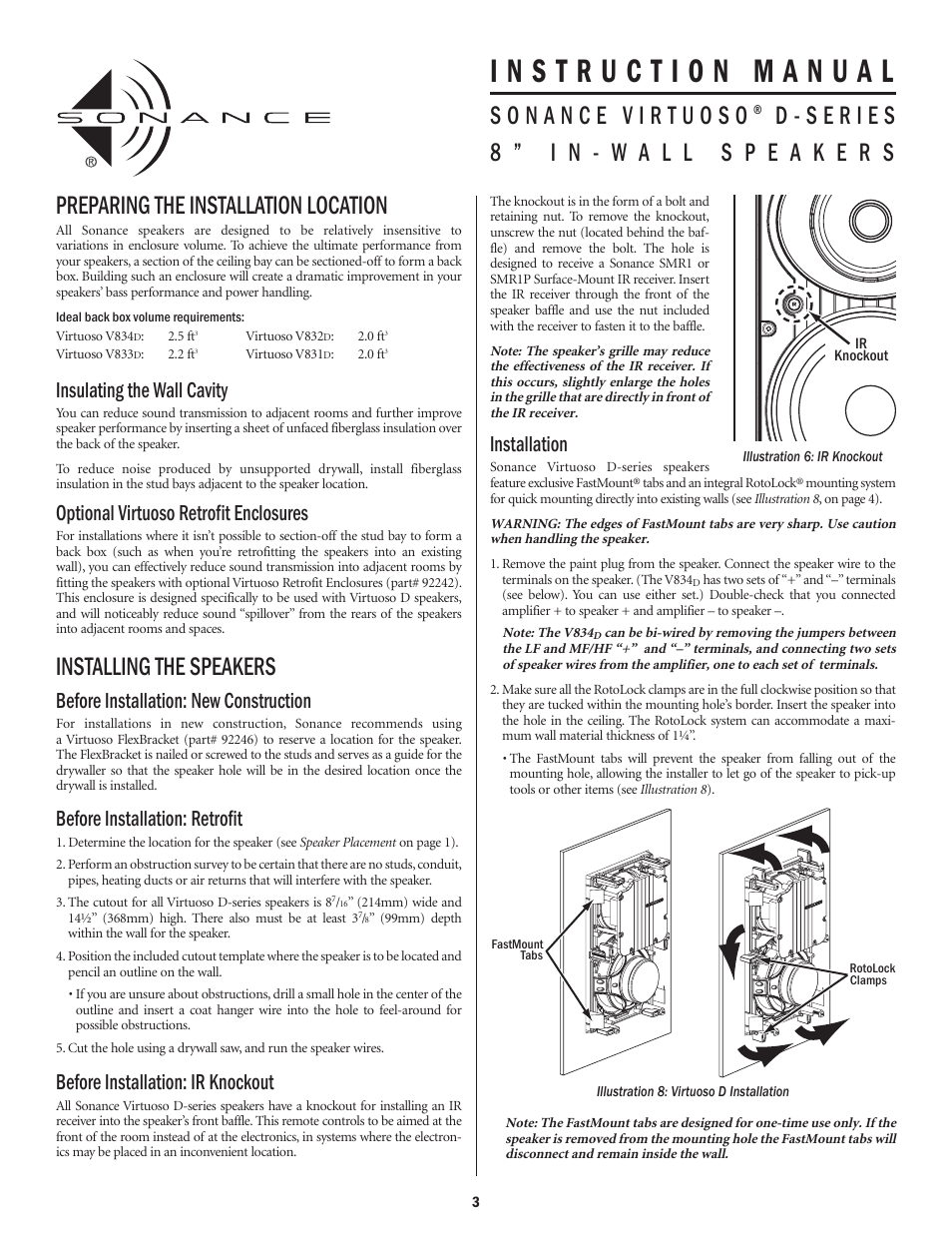 Preparing the installation location, Installing the speakers, Insulating the wall cavity | Optional virtuoso retrofit enclosures, Before installation: new construction, Before installation: retrofit, Before installation: ir knockout, Installation | Sonance D-series User Manual | Page 3 / 6
