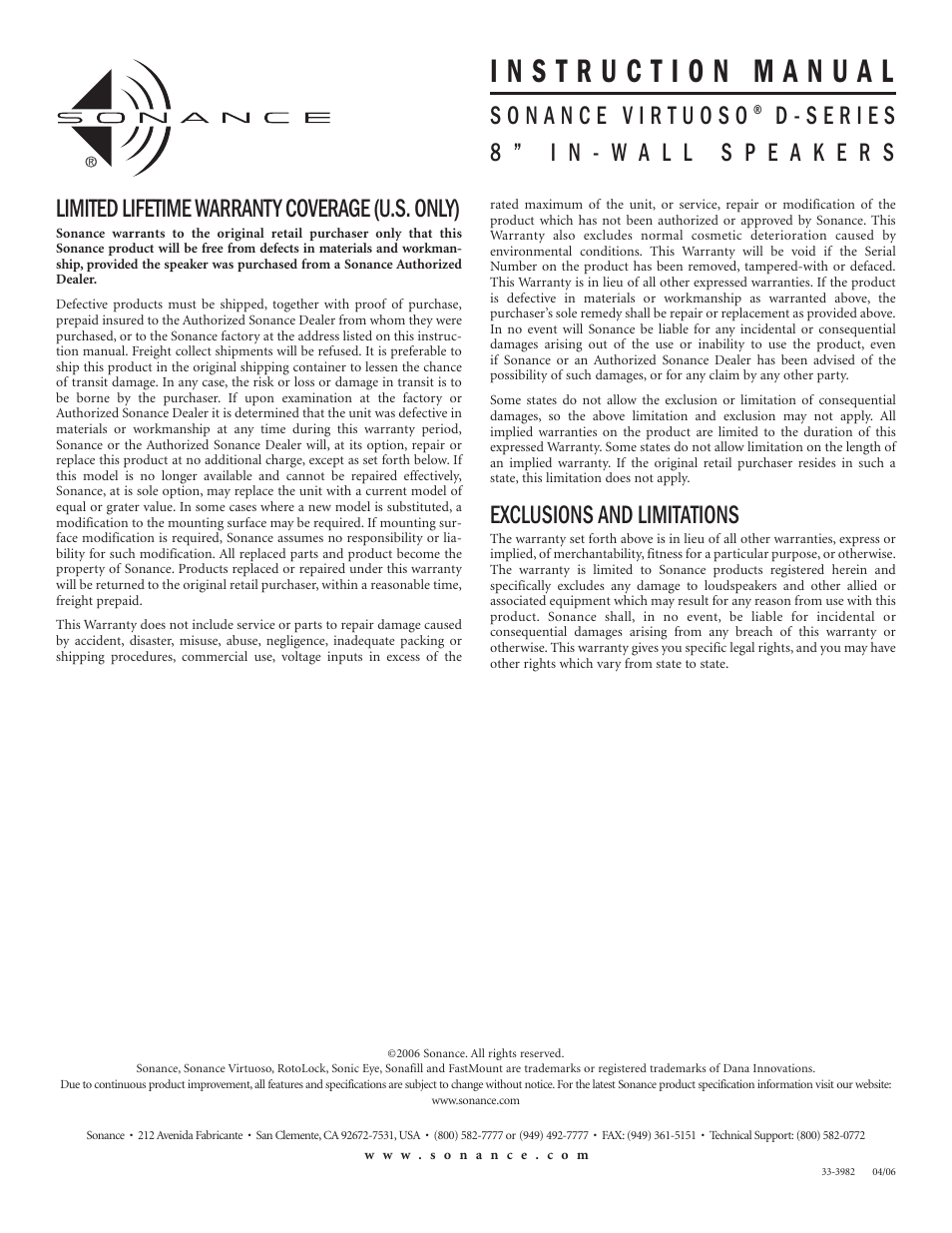 Limited lifetime warranty coverage (u.s. only), Exclusions and limitations | Sonance D-series User Manual | Page 6 / 6