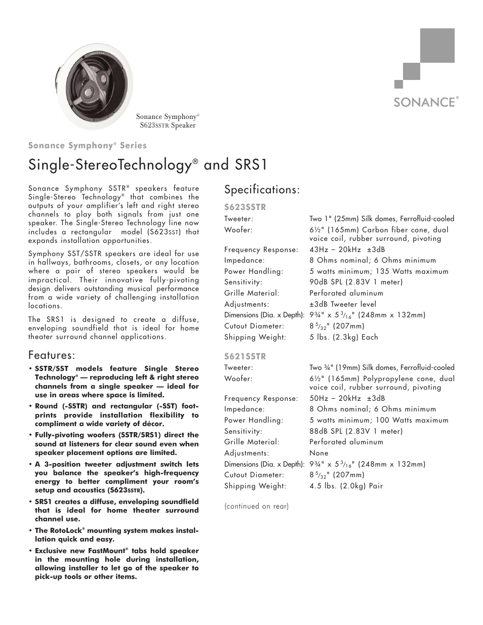 Sonance Symphony SRS1 User Manual | 2 pages