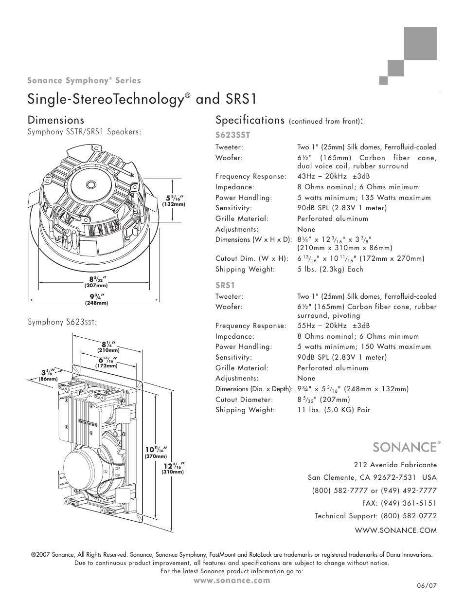 Single-stereotechnology, And srs1, Specifications | Dimensions, S623sst, Srs1, Symphony sstr/srs1 speakers, Symphony s623, Sonance symphony, Series | Sonance Symphony SRS1 User Manual | Page 2 / 2