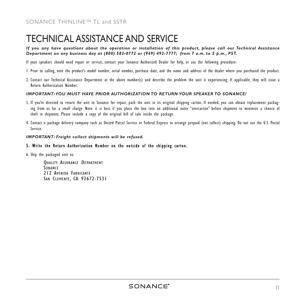 Technical assistance and service | Sonance THINLINETM User Manual | Page 11 / 16