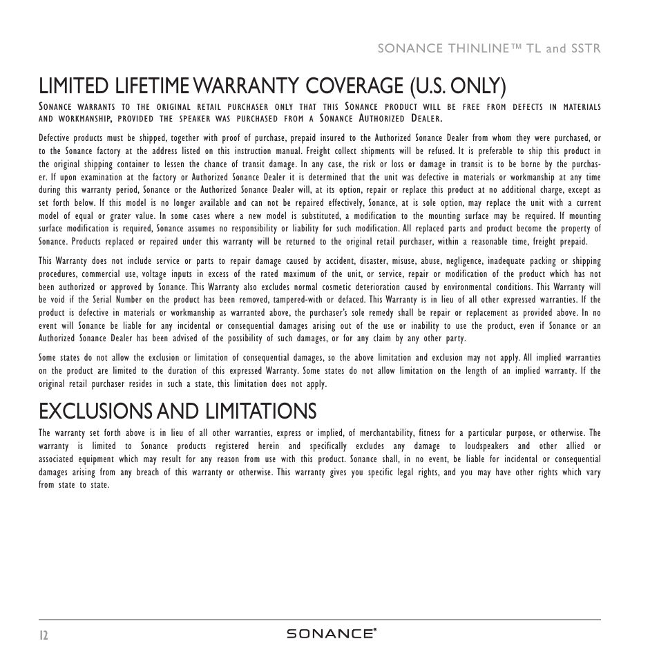 Limited lifetime warranty coverage (u.s. only), Exclusions and limitations | Sonance THINLINETM User Manual | Page 12 / 16