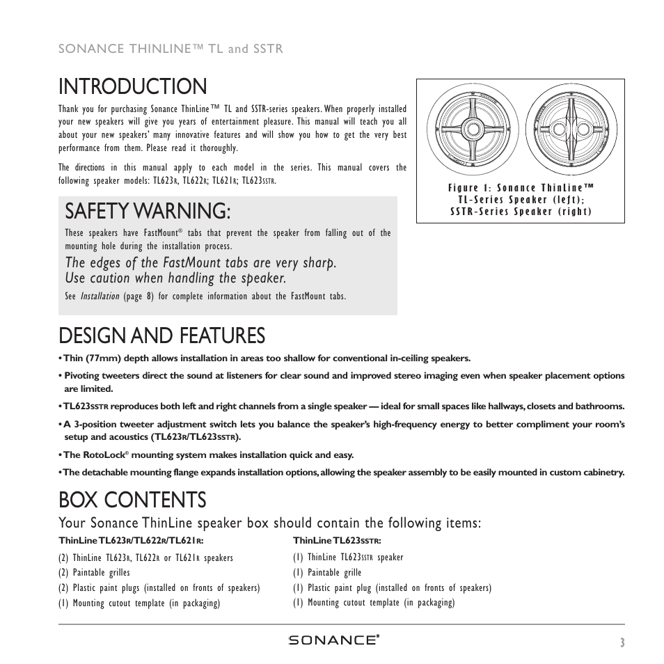 Introduction, Design and features, Box contents | Safety warning | Sonance THINLINETM User Manual | Page 3 / 16