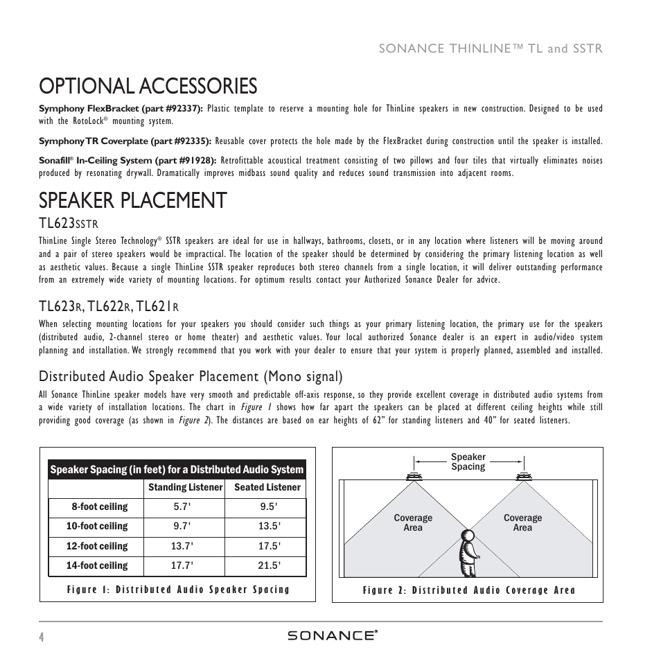 Optional accessories, Speaker placement, Tl623 | Tl622, Tl621, Distributed audio speaker placement (mono signal) | Sonance THINLINETM User Manual | Page 4 / 16