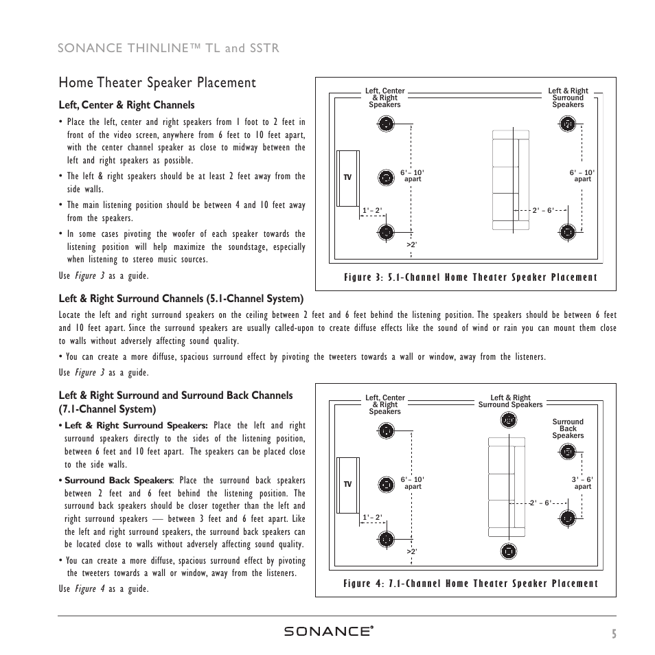 Home theater speaker placement, 5sonance thinline™ tl and sstr | Sonance THINLINETM User Manual | Page 5 / 16