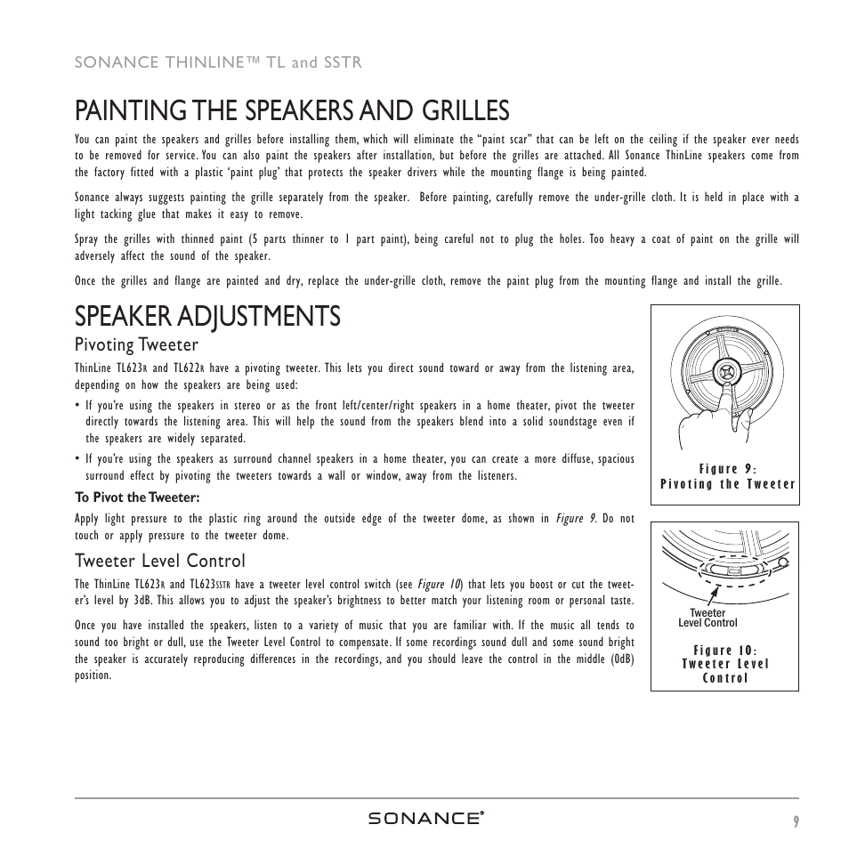 Painting the speakers and grilles, Speaker adjustments, Pivoting tweeter | Tweeter level control | Sonance THINLINETM User Manual | Page 9 / 16