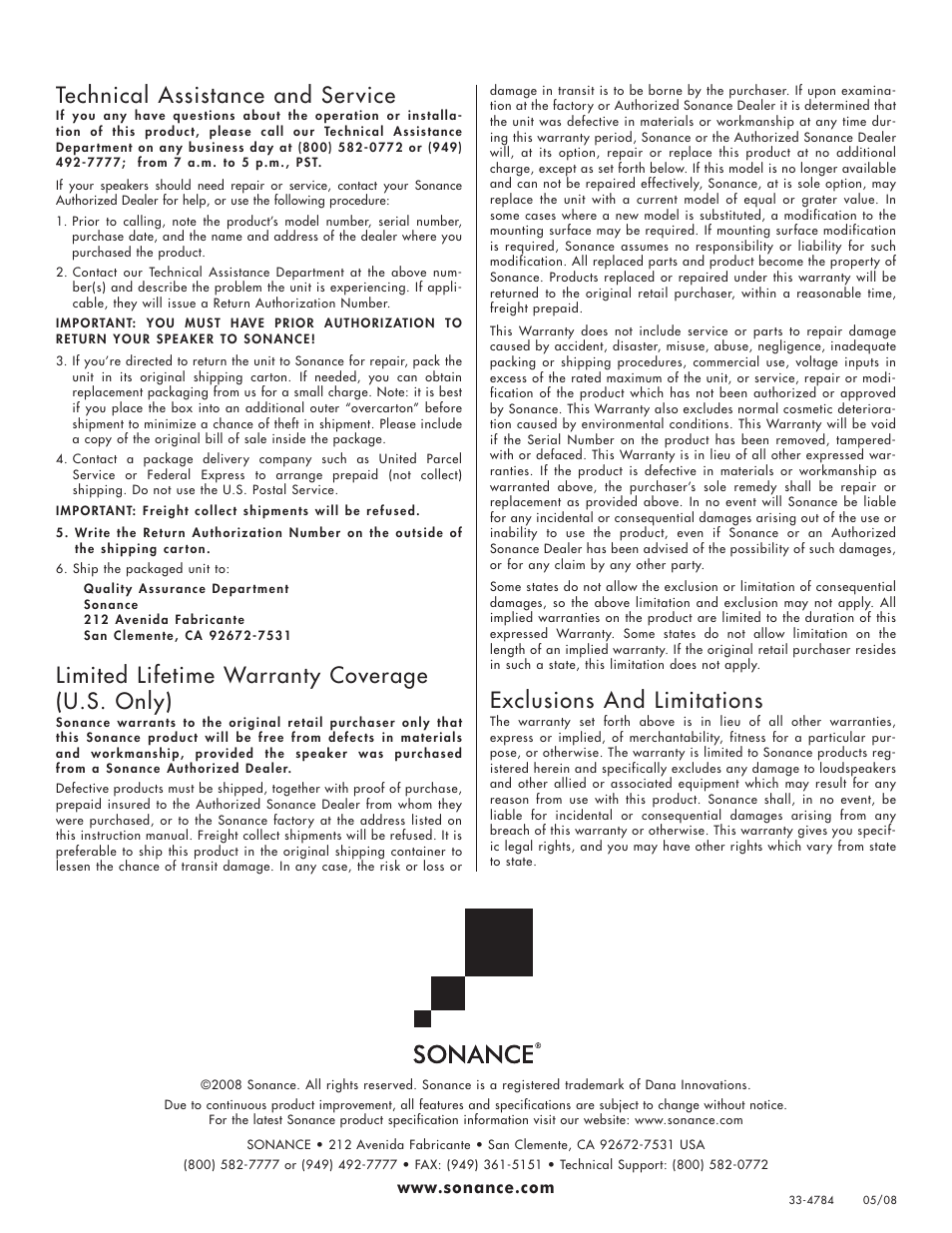Technical assistance and service, Limited lifetime warranty coverage (u.s. only), Exclusions and limitations | Sonance Mounting Plates SM-Series User Manual | Page 2 / 2