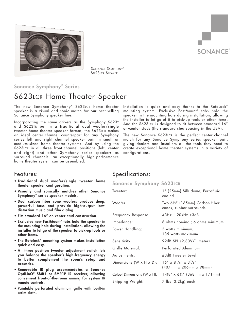 Sonance S623LCR User Manual | 2 pages