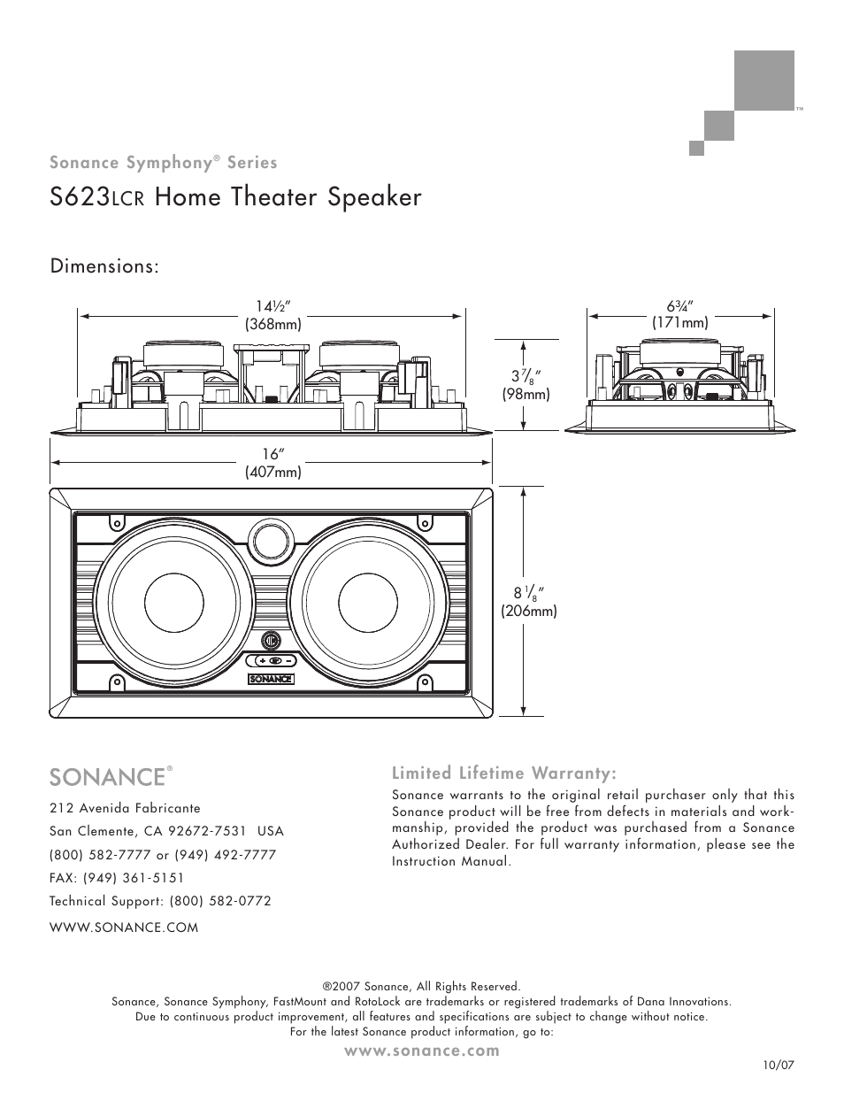 S623, Home theater speaker, Dimensions | Sonance S623LCR User Manual | Page 2 / 2