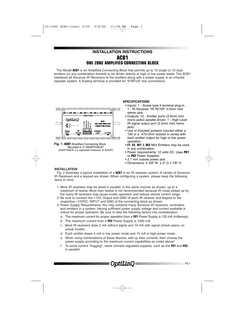 Sonance One Zone Amplified Connecting Block ACB1 User Manual | 3 pages