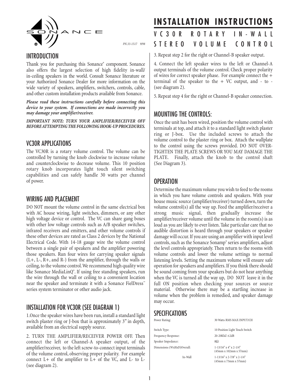 Sonance VC30R User Manual | 2 pages