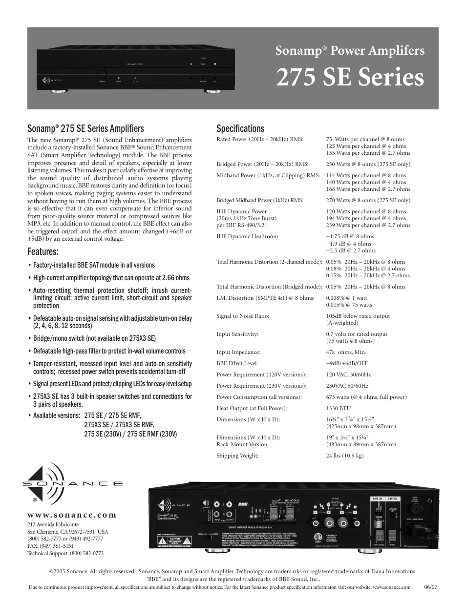 Sonance 275 SE Series User Manual | 1 page