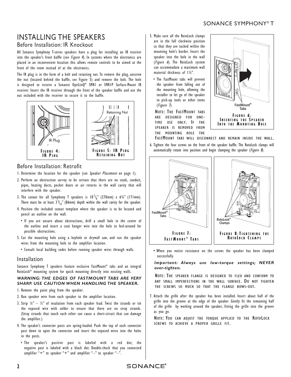 Installing the speakers, Before installation: ir knockout, Before installation: retrofit | Installation, 2sonance symphony | Sonance T-series User Manual | Page 2 / 4
