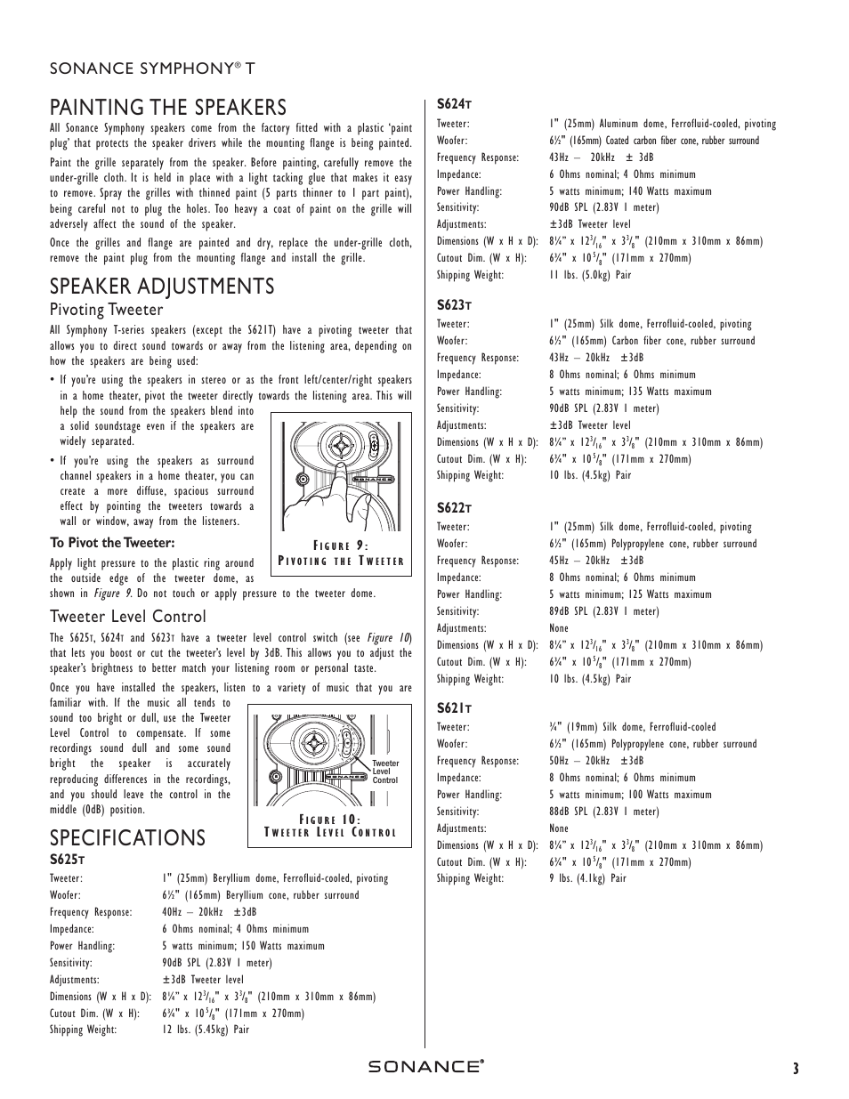 Painting the speakers, Speaker adjustments, Specifications | Pivoting tweeter, Tweeter level control, 3sonance symphony | Sonance T-series User Manual | Page 3 / 4