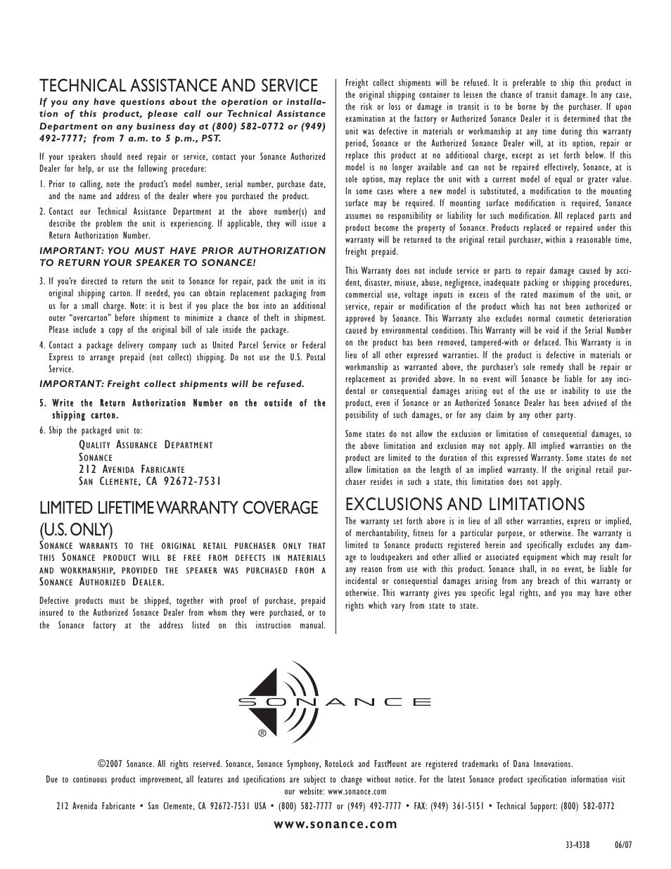 Technical assistance and service, Limited lifetime warranty coverage (u.s. only), Exclusions and limitations | Sonance T-series User Manual | Page 4 / 4