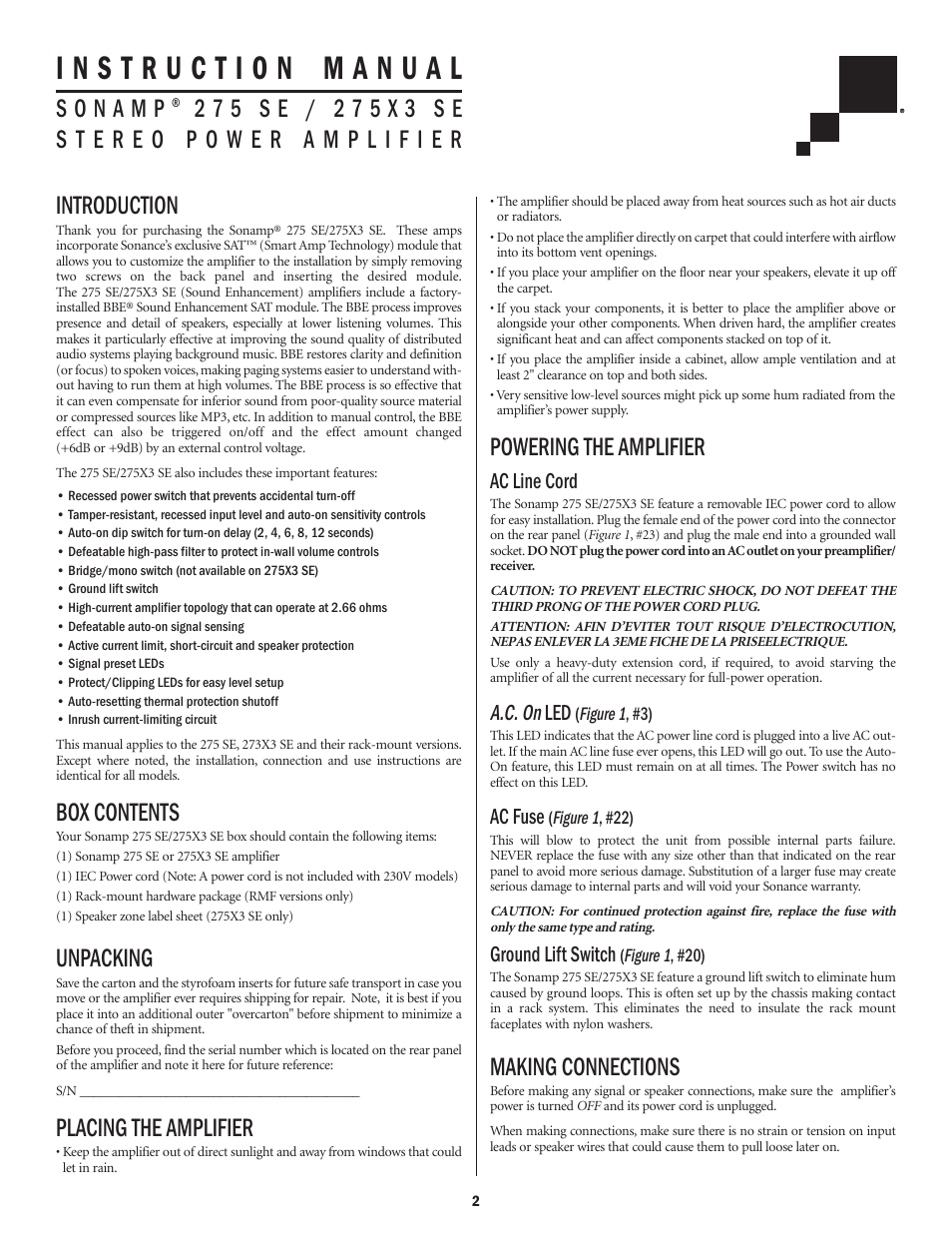 Introduction, Box contents, Unpacking | Placing the amplifier, Powering the amplifier, Making connections, Ac line cord, A.c. on led, Ac fuse, Ground lift switch | Sonance Sonamp 275 SE User Manual | Page 2 / 12