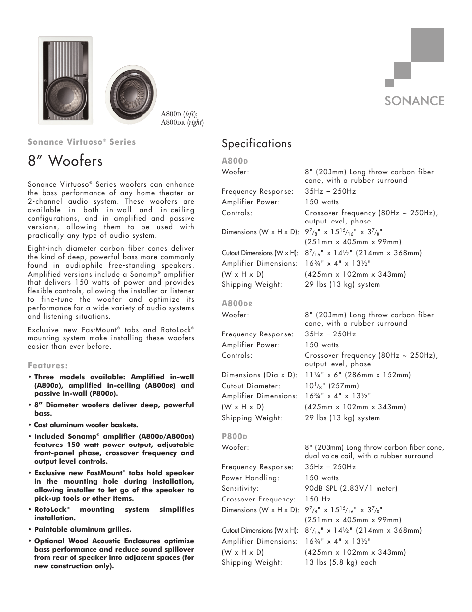 Sonance Virtuoso A800DR User Manual | 2 pages