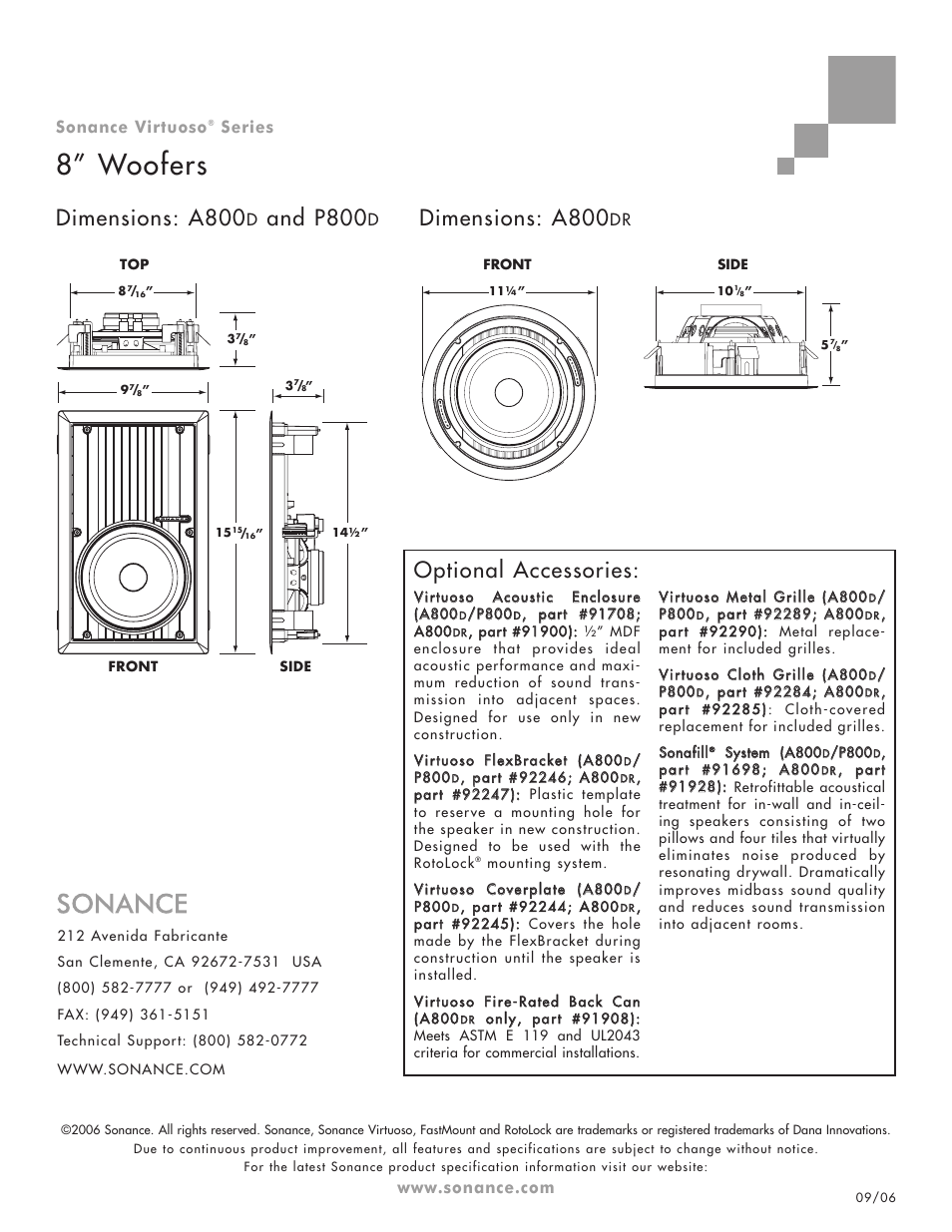 8” woofers, Dimensions: a800, And p800 | Optional accessories, Sonance virtuoso, Series | Sonance Virtuoso A800DR User Manual | Page 2 / 2