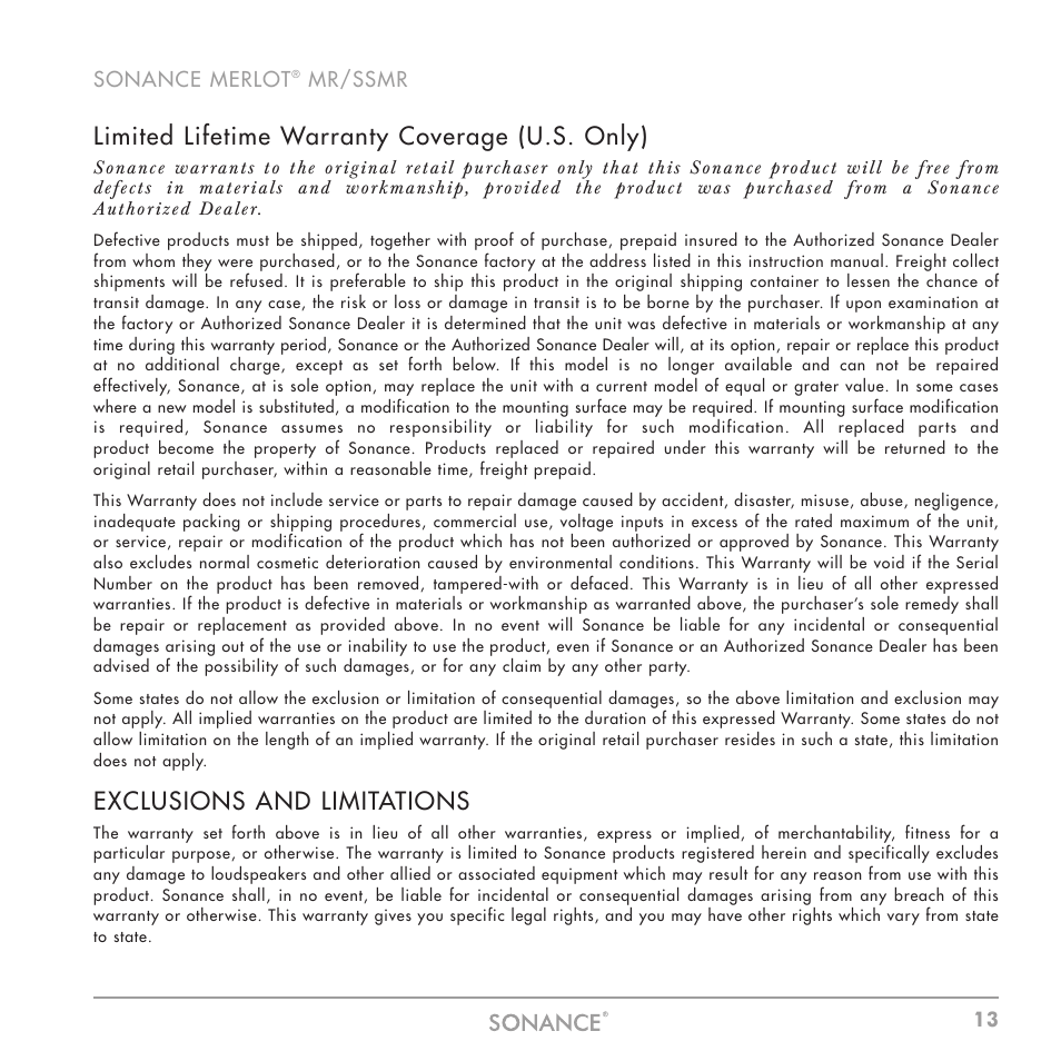 Limited lifetime warranty coverage (u.s. only), Exclusions and limitations | Sonance MR Series User Manual | Page 13 / 16