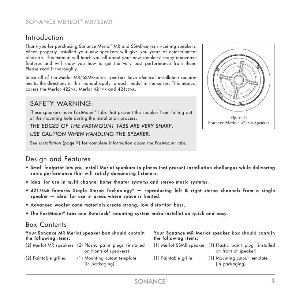 Introduction, Design and features, Box contents | Safety warning, Sonance merlot, Mr/ssmr | Sonance MR Series User Manual | Page 3 / 16