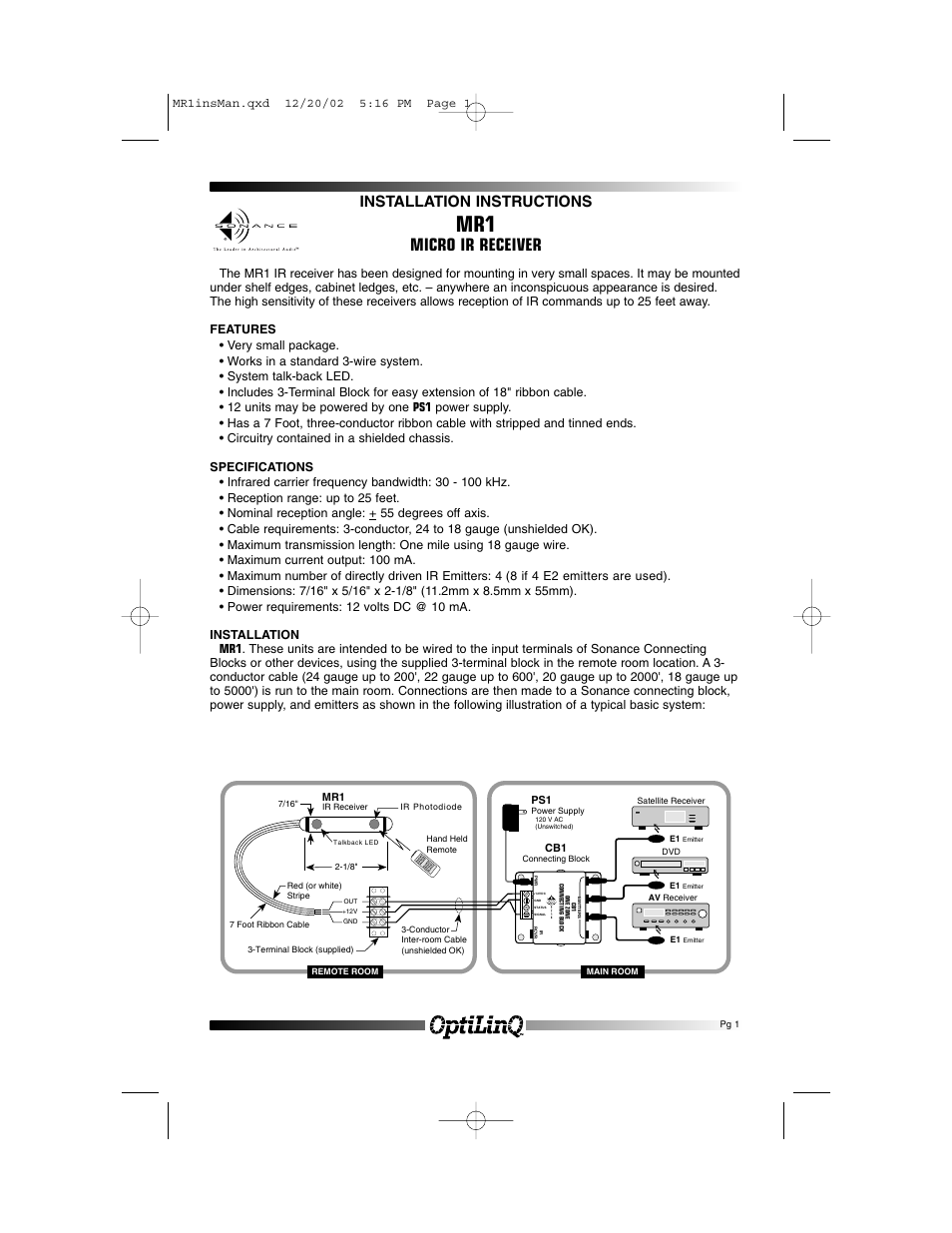Sonance Micro IR Receiver MR1 User Manual | 2 pages