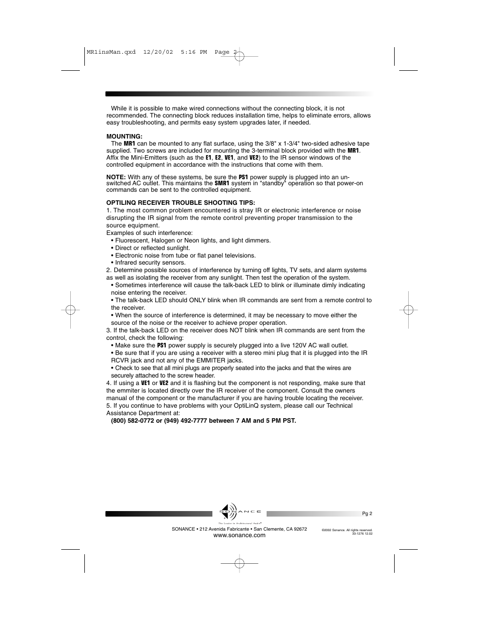 Sonance Micro IR Receiver MR1 User Manual | Page 2 / 2