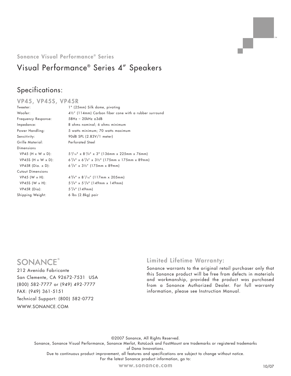 Visual performance, Series 4” speakers, Specifications | Limited lifetime warranty, Sonance visual performance, Series | Sonance Visual Performance VP45R User Manual | Page 2 / 2