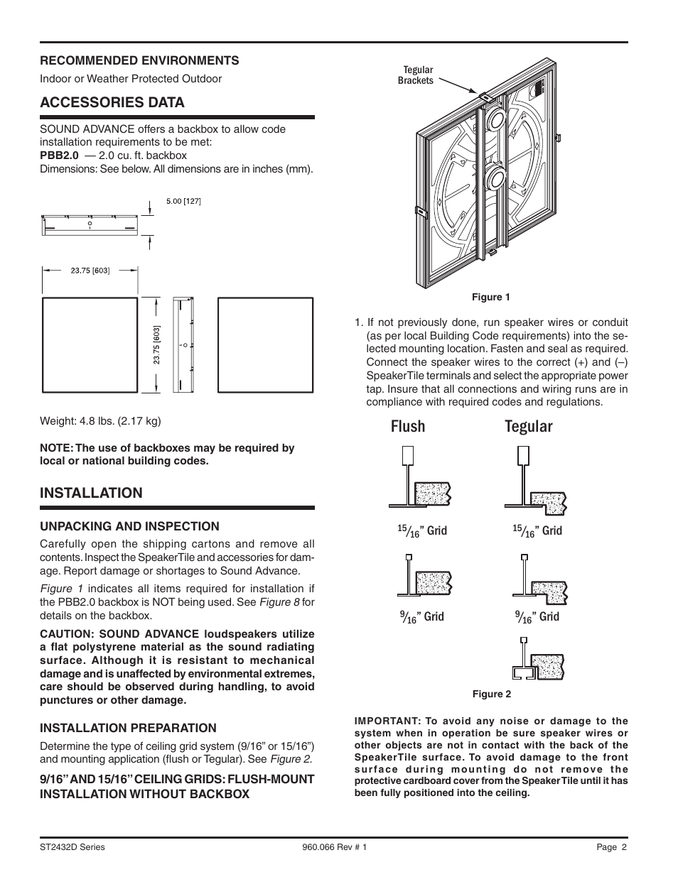Flush tegular, Accessories data, Installation | Sonance ST2432D User Manual | Page 2 / 8