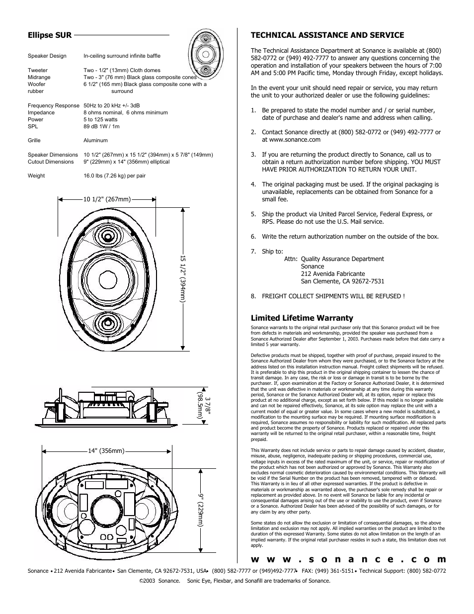 Technical assistance and service, Limited lifetime warranty, Ellipse sur | Sonance Ellipse SUR 33-2931 User Manual | Page 4 / 4