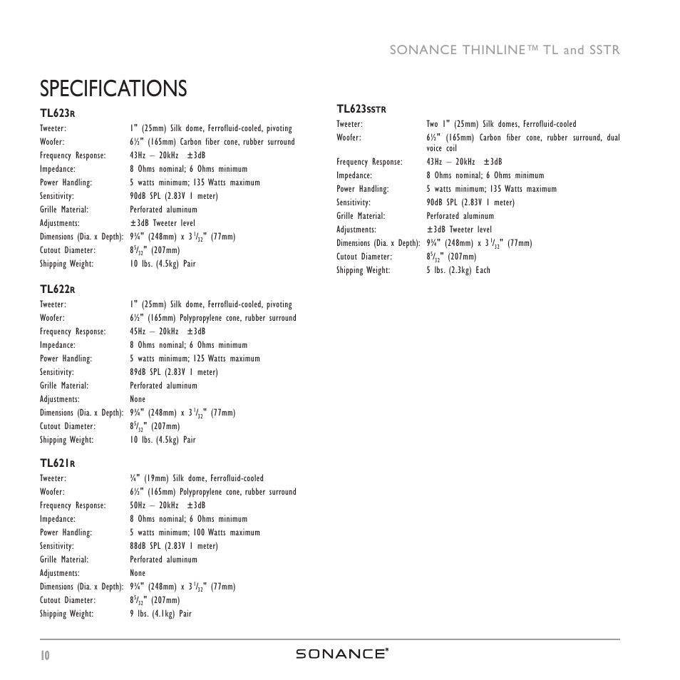 Specifications, 10 sonance thinline™ tl and sstr | Sonance ThinLine TL623R User Manual | Page 10 / 16