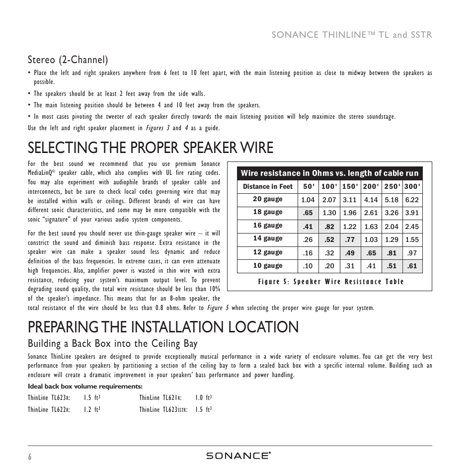 Selecting the proper speaker wire, Preparing the installation location, Stereo (2-channel) | Building a back box into the ceiling bay | Sonance ThinLine TL623R User Manual | Page 6 / 16