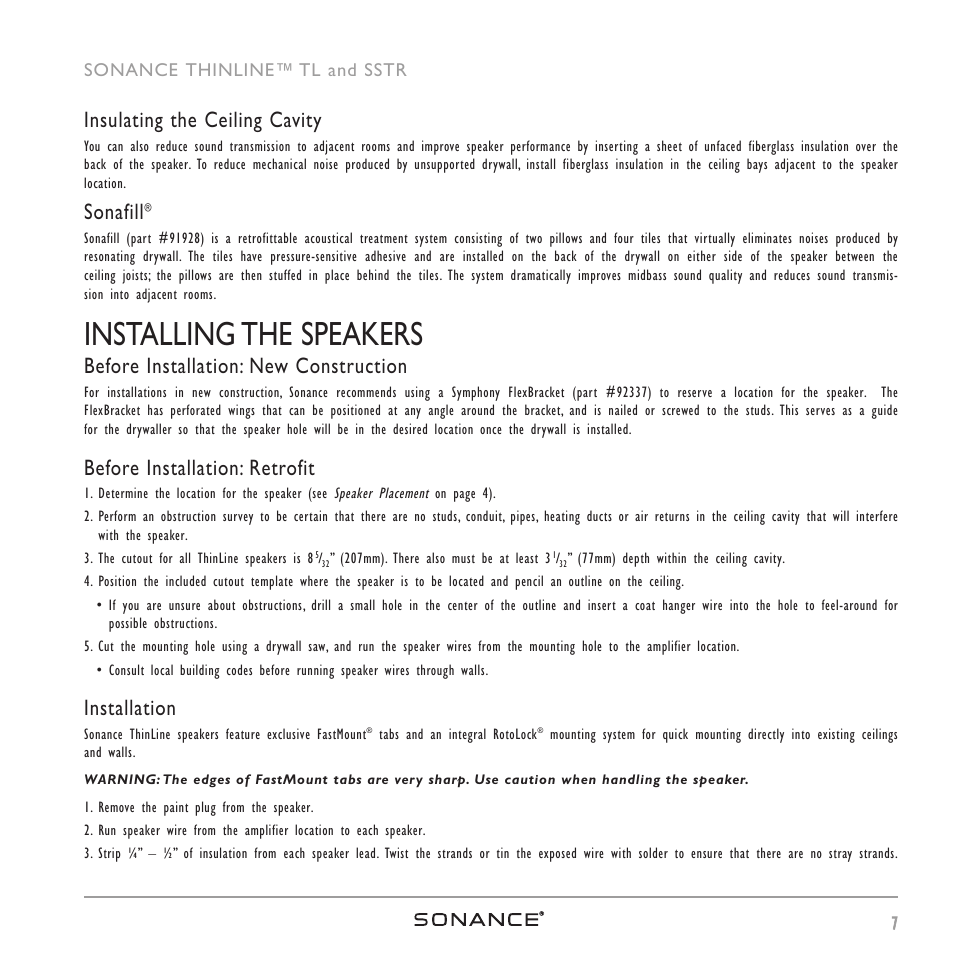 Installing the speakers, Insulating the ceiling cavity, Sonafill | Before installation: new construction, Before installation: retrofit, Installation | Sonance ThinLine TL623R User Manual | Page 7 / 16
