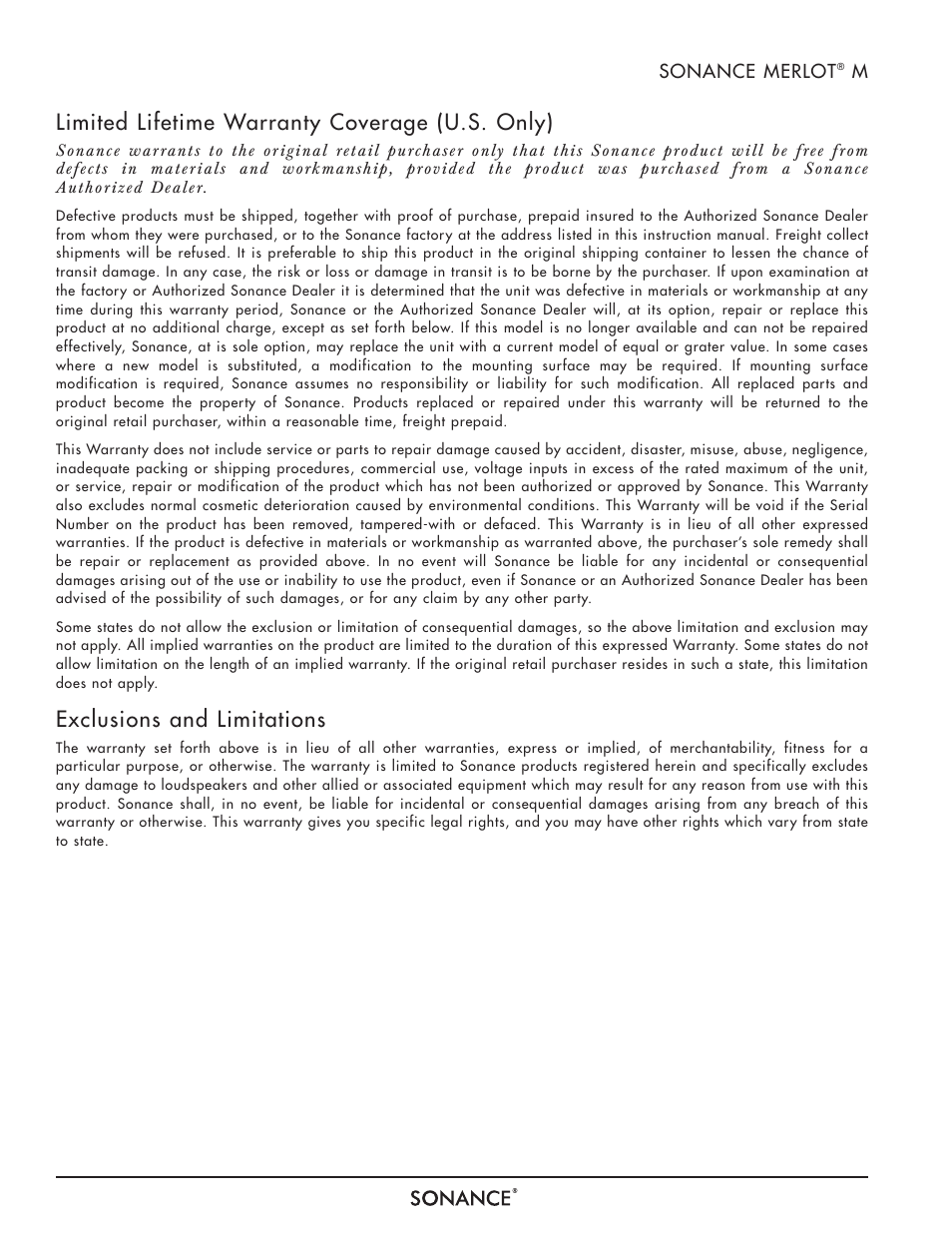 Limited lifetime warranty coverage (u.s. only), Exclusions and limitations | Sonance MERLOT M-SERIES User Manual | Page 10 / 12