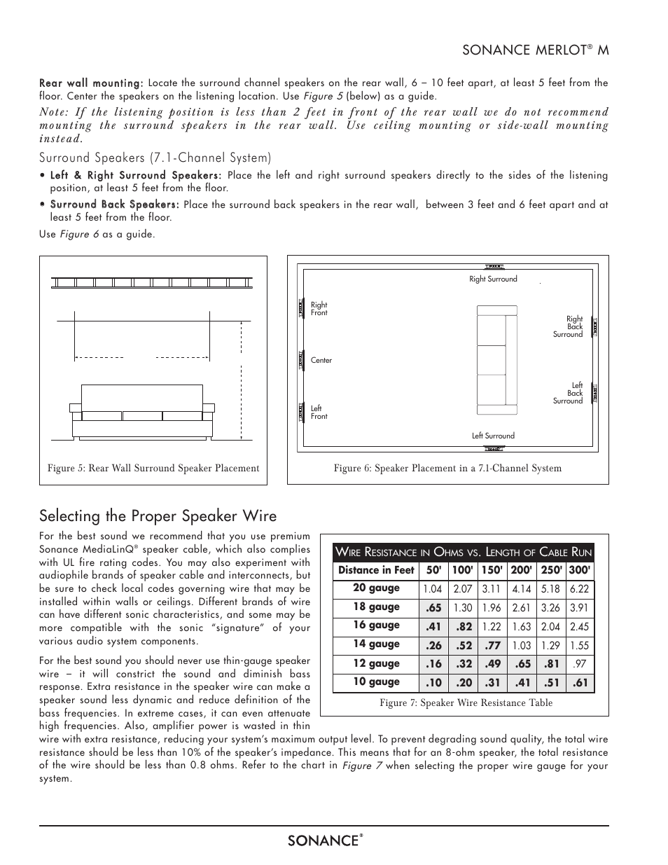 Selecting the proper speaker wire, 4sonance merlot, Surround speakers (7.1-channel system) | Sonance MERLOT M-SERIES User Manual | Page 4 / 12